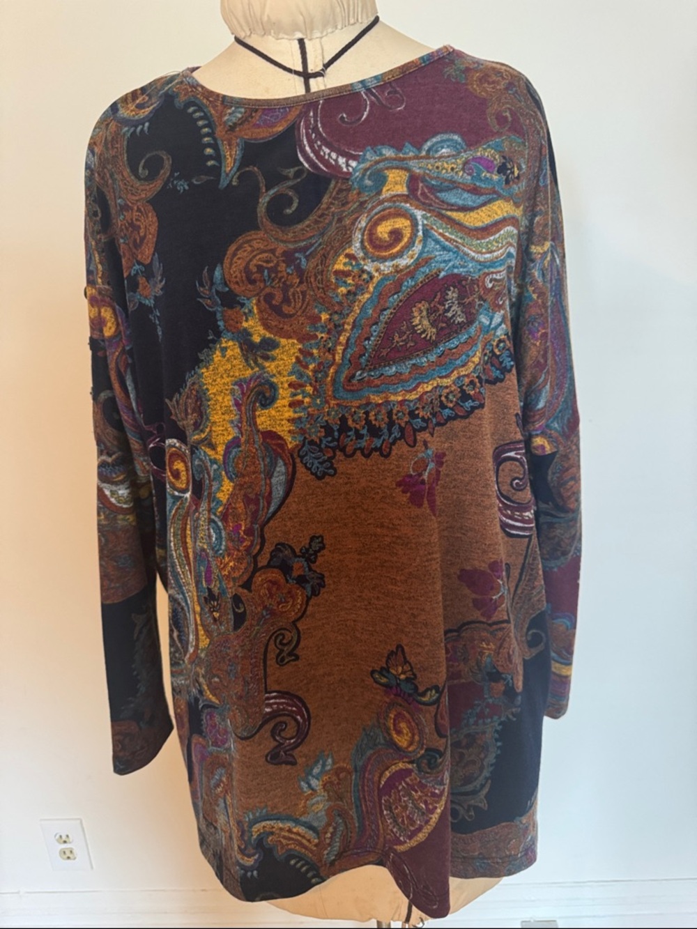 Paisley Print Long Sleeve Tunic in Rust, Teal & Burgundy